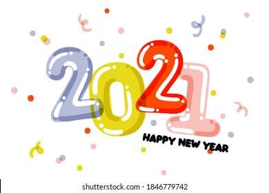 New Year design with cute multicolored balloon like numbers 2021 and scattered confetti on white background. Cute and festive vector illustration for greeting card, holiday calendar or web page