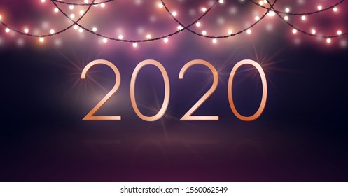 New Year design with glowing light bulb garlands and gold 2020 typography. Vector flyer or banner template.