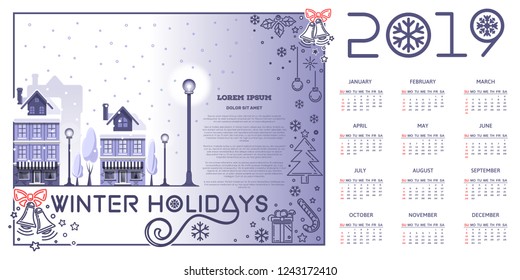 New Year design set. Christmas greeting card and calendar for 2019. Winter holidays. Vector illustration