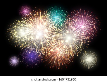 New Year design! Shining Fireworks with golden ring. All light effects, stars isolated and grouped. Shining elements 2020. Holiday fireworks. Colourful Firework. 