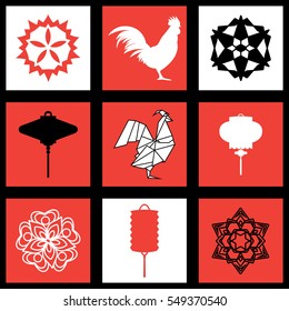 New Year design with silhouette of roosters and chinese lantern with snowflakes