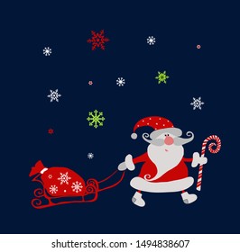 New year design. Starry winter night. Santa Claus comes with a bag of gifts on a sleigh. Vector.