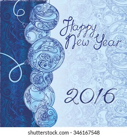 New year design template for card, poster or placard with christmas balls and figures 2016 on abstract blue background