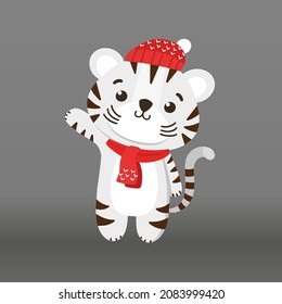 New Year design. Template for Congratulations. Minimalism style. Cute vector tiger. Chinese white tiger. Perfect for wallpaper, cards, stickers, poster, print, packaging, logo