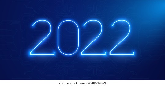 New Year digital 2022 and Christmas in tech style. Abstract neon backdrop with lights for Christmas holiday greeting card, flyers or posters.  Futuristic technology background