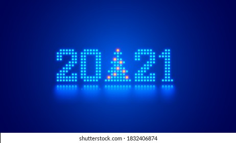 New Year digits 2021 and Christmas tree in tech style. 20 21 consist of neon dots or pixels on blue background. 2021 New Year card digital technological industry. Xmas computer holiday banner.