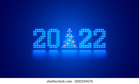 New Year digits 2022 and Christmas tree in tech style. 20 22 consist of 8 bit neon dots or pixels on blue background. 2022 New Year card of digital technology industry. Xmas holiday computer banner.