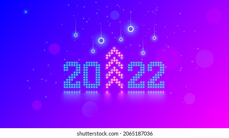 New Year digits 2022 and Christmas tree in tech style. 20 22 consist of neon dots or pixels on blue pink background. 2022 New Year card digital technological industry. Xmas computer holiday banner.