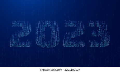 New Year Digits 2023 in Tech Style. Binary Matrix Numbers 2023 New Year Card of Digital Technology Industry. Xmas Holiday Computer Banner. Vector Illustration.