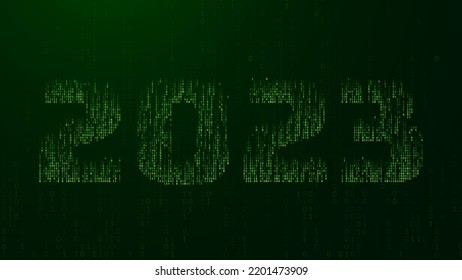 New Year Digits 2023 in Tech Style. Binary Matrix Numbers 2023 New Year Card of Digital Technology Industry. Xmas Holiday Computer Banner. Vector Illustration.