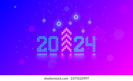 New Year digits 2024 and Christmas tree in tech style. 20 24 consist of neon dots or pixels on blue pink background. 2024 New Year card digital technology. Banner with digits 2024 on computer screen.