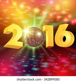 New Year. Disco ball and lights isolated on background. Vector illustration