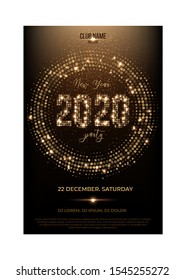 New Year Disco Party Invitation. Nightclub Flat Editable Flyer. Winter Holidays Celebration. Glowing Festive Lights In Dance Circle Shape And In 2020 Numbers Form. Vector Cartoon Illustration