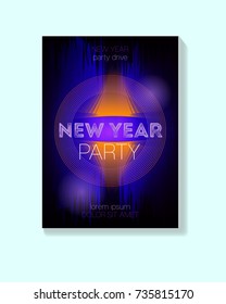 New Year Disco Poster Design. Funky Neon Glitch Party Poster. 80s Style Glam Geometric Dancing Event. Festive Banner, New Year Disco Poster Template. Cool Bright Background. Modern Trendy Bright Color