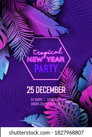 New Year Disco Tropic Party Vector Poster, Christmas Summer Holiday Flyer, Neon Monstera Palm Leaves Design, Winter Beach Holidays, Vibrant Template Brochure, Tropical Background, Paradise Cover