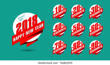 NEW YEAR discount banner with percentage set, special offer collection of tags with discounts for new year offers