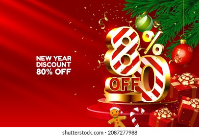 New year discount merry Christmas sale 80 off golden numbers, with gifts and Christmas decorations on the red background. Vector illustration