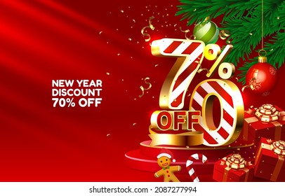 New year discount merry Christmas sale 70 off golden numbers, with gifts and Christmas decorations on the red background. Vector illustration