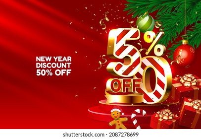 New year discount merry Christmas sale 50 off golden numbers, with gifts and Christmas decorations on the red background. Vector illustration