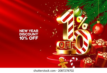 New year discount merry Christmas sale 10 off golden numbers, with gifts and Christmas decorations on the red background. Vector illustration