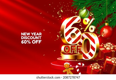 New year discount merry Christmas sale 60 off golden numbers, with gifts and Christmas decorations on the red background. Vector illustration