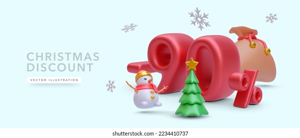 New year discount merry Christmas sale 90 off red numbers, with Christmas decorations on blue background. Vector illustration