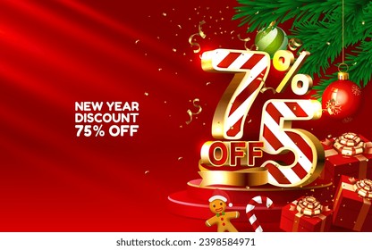 New year discount merry Christmas sale 75 off golden numbers, with gifts and Christmas decorations on the red background. Vector illustration