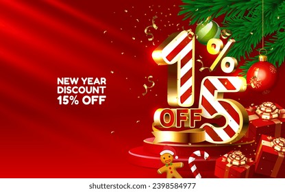 New year discount merry Christmas sale 15 off golden numbers, with gifts and Christmas decorations on the red background. Vector illustration