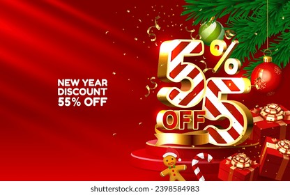 New year discount merry Christmas sale 55 off golden numbers, with gifts and Christmas decorations on the red background. Vector illustration