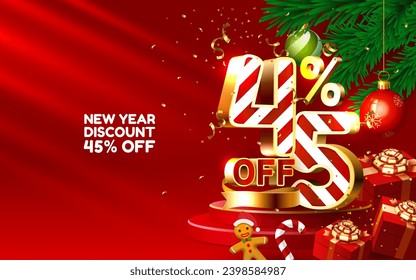 New year discount merry Christmas sale 45 off golden numbers, with gifts and Christmas decorations on the red background. Vector illustration