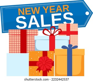 New year discount sale tag gifts background, isolated on white, celebrate banner, ribbon decoration vector illustration.