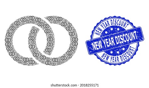 Nuevo año Descuento texturizado estampado redondo y anillos de boda de composición recursiva vectorial. El sello azul tiene el título Descuento de Año Nuevo dentro de forma redonda.
