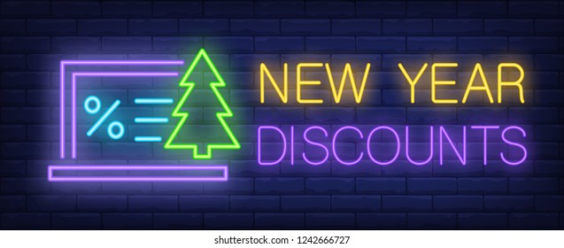 New Year discounts neon text with computer and fir-tree. Online shopping and Christmas design. Night bright neon sign, colorful billboard, light banner. Vector illustration in neon style.