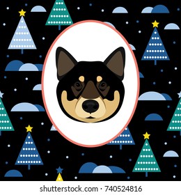 New year of the dog card template. Cute shiba inu dog portrait and abstract hand drawn pattern background for new year card, invitation, t shirt, gift album, holiday vacation events advertising etc.