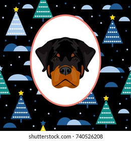 New year of the dog card template. Cute rottweiler dog portrait and abstract hand drawn pattern background for new year card, invitation, t shirt, gift album, holiday vacation events advertising etc.
