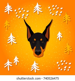 New year of the dog card template. Black doberman dog portrait and abstract hand drawn pattern background for new year card, invitation, t shirt, gift album, holiday events, advertising etc.
