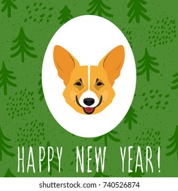 New year of the dog card template. Cute welsh corgi dog portrait and abstract hand drawn pattern background for new year card, invitation, t shirt, gift album, holiday events, advertising etc.