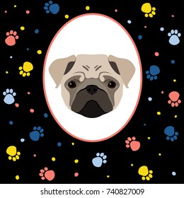 New year of the dog card template. Cute beige pug dog portrait and abstract hand drawn pattern background for new year card, invitation, t shirt, gift album, holiday vacation events advertising etc.