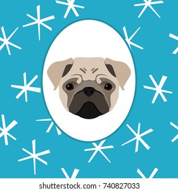 New year of the dog card template. Cute beige pug dog portrait and abstract hand drawn pattern background for new year card, invitation, t shirt, gift album, holiday vacation events advertising etc.