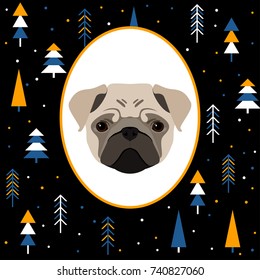 New year of the dog card template. Cute beige pug dog portrait and abstract hand drawn pattern background for new year card, invitation, t shirt, gift album, holiday vacation events advertising etc.