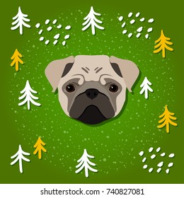 New year of the dog card template. Cute beige pug dog portrait and abstract hand drawn pattern background for new year card, invitation, t shirt, gift album, holiday vacation events advertising etc.