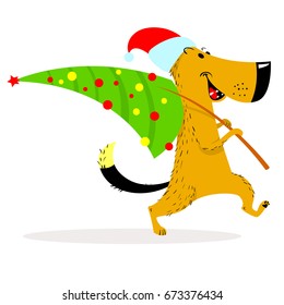 New Year dog character. A cheerful dog carries a decorated Christmas tree. Cartoon vector illustration with cute pet in winter seasonal costume 