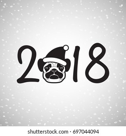 New year of the dog greeting card with cute pug, vector illustration