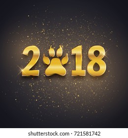 New Year of the dog holiday postcard with paw footprint, gold text, vector illustration