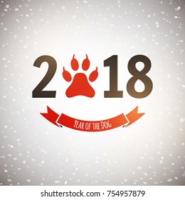 New Year of the dog holiday postcard with paw footprint, vector illustration