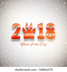 New Year of the dog holiday postcard with paw footprint, vector illustration