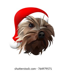 New year dog vector illustration. Isolated yorkshire terrier with red merry christmas hat. Lines and shapes. White background. Animal, pet print for banner, poster, design images. 2018 year.