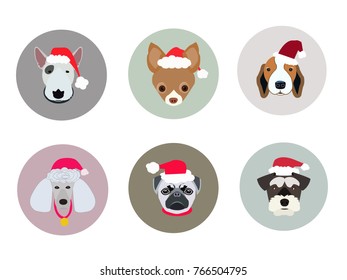New Year dogs set. Vector illustration. Dogs in  NewYear's hat.