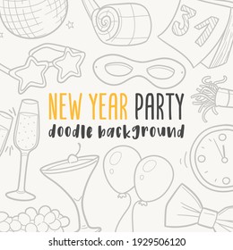 New Year Doodle Banner Icon. Holidays Vector Illustration Hand Drawn Art. Line Symbols Sketch Background.