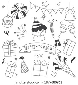 Doodle de Año Nuevo con caja de regalo, quequitos, vino, vela, torta, pájaro y árbol para fondo.
